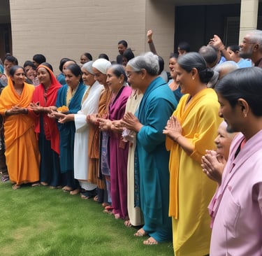 A serene moment of prayer and gratitude shared by beneficiaries and volunteers after a successful community event.