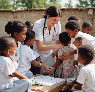 A caring nurse attending to a child in a modest healthcare clinic with soft calligraphy accents.