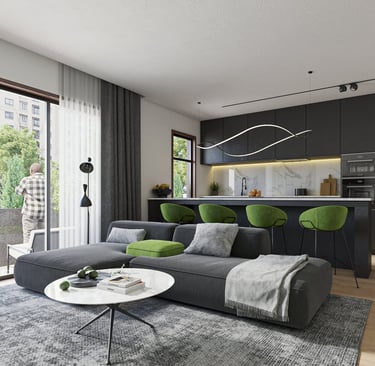 a living room with a couch and a table