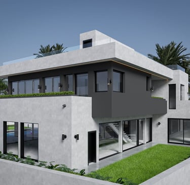 a modern house with a green roof and grass