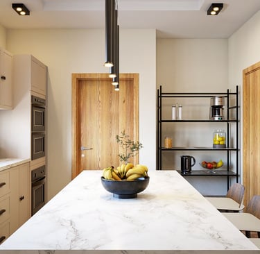 a bowl of fruit on a table in a kitchen