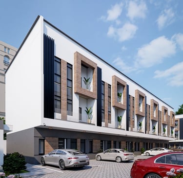 a modern apartment building with a parking lot and a lot of parking space