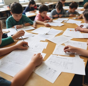 Ninos trabajando en recursos educativos.