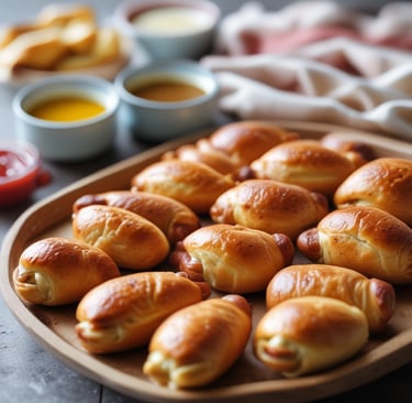 A festive spread featuring pigs in a blanket alongside colorful party snacks.