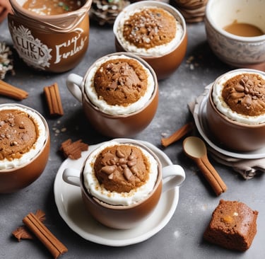 A warm mug filled with a freshly baked gingerbread cake topped with a sprinkle of powdered sugar.