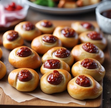 A hand reaching for a warm pig in a blanket from a platter.