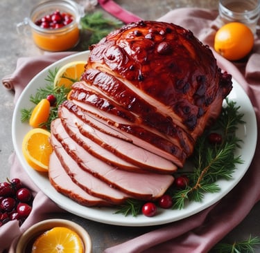 A juicy cranberry orange glazed ham on a rustic wooden platter, garnished with fresh cranberries and orange slices.