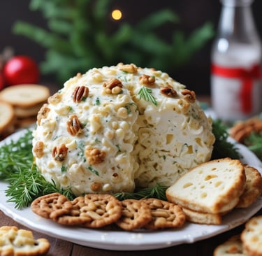 A cheese ball being sliced to reveal the creamy, herb-speckled interior.