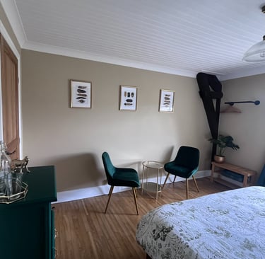 stylish, velvet chairs and hanging rail for clothes