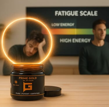 Table with a glass jar of PRIME GOLD Shilajit resin open, a small stainless steel