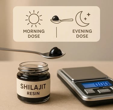 SHILAJIT DOSAGE MORNING AND EVENING AND SCALE ON TABLE