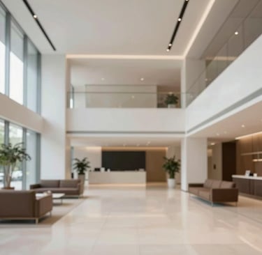 An interior architectural photograph of a sleek, contemporary lobby. The space is characterized by high ceilings, #FBF9F6 polished surfaces, and minimalist furniture in #6B6760. The composition is clean and precise, reflecting a deep understanding of architectural design and modern sophistication.