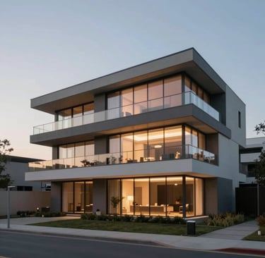 A wide-angle, professional architectural shot of a minimalist luxury residence at dusk. The building features sharp horizontal lines, floor-to-ceiling glass, and structural elements in #2F2E2E and #D9D2C7. The lighting is warm and inviting, emphasizing sophisticated professionalism and modern elegance.