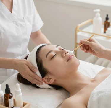 A glowing client admiring her fresh, elegant hairstyle in a softly lit salon mirror.