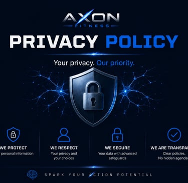Axon Fitness privacy policy graphic with shield, padlock, and blue neural network background."