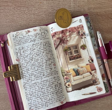 Weekly N2 Compact layout featuring handwritten diary entries and aesthetic scrapbook stickers.