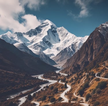 A misty mountain trail winding through lush green forests under a soft morning light.