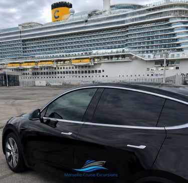 Private transfer vehicle at Marseille Cruise Port in front of a Costa Cruises ship