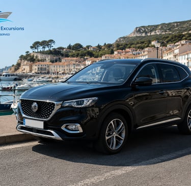 Black MG SUV parked at Cassis port for luxury cruise shore excursions and private tours.