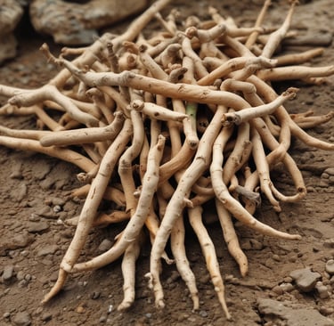 Close-up of raw ashwagandha roots showing their earthy texture and natural appearance, arranged neatly to emphasize their purity.