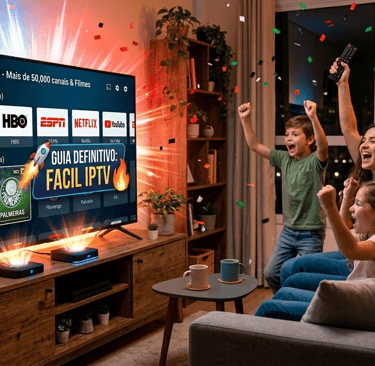 Uma família comemora alegremente um gol no sofá enquanto assiste a um jogo ao vivo em uma Smart TV