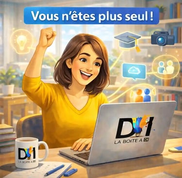 Bienvenue sur La Boîte à DI : femme de 40 ans souriante en ligne, message “Vous n’êtes plus seul !”