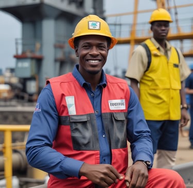 Close-up of workers in safety gear inspecting equipment on an oil platform.
