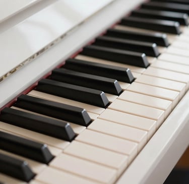 A close-up shot of piano keys with elegant cream finishes, bathed in soft morning light in a North American home. The composition is clean and minimalist, highlighting a sense of discipline and creative practice.