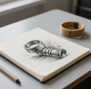 A still life photograph of an open academic sketchbook featuring detailed graphite drawings, placed on a light gray desk. A pair of muted tan tennis wristbands lies neatly beside it in a bright North American room.