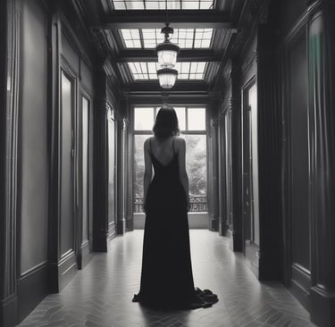 a woman in a black dress standing in front of a building