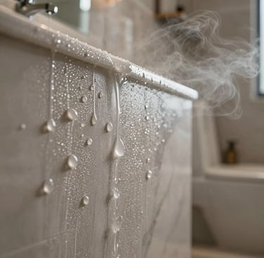 Luxury bathroom details with water droplets beautifully rolling off a high-quality water-resistant material, highlighting moisture and bathroom steam resistance in an Iraqi luxury home style.