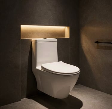 Beautiful photography of a modern luxury wall-hung Western toilet in a minimalist dark-themed bathroom, elegant soft gold LED backlit panel, high-end design, realistic look.