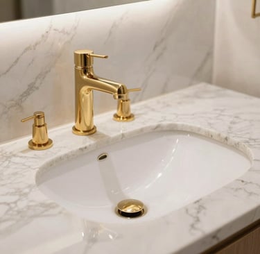 A close-up shot of an elegant marble countertop washbasin with gold-trimmed edges and a sleek premium gold faucet in a luxury bathroom, Middle Eastern style, bright and clean composition, professional interior photography.