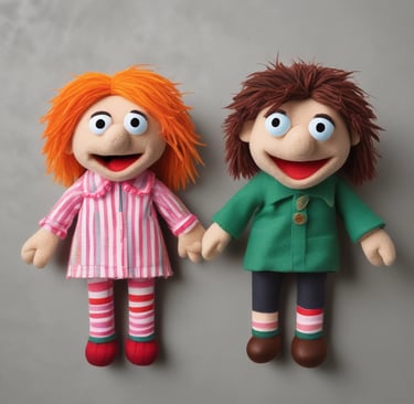 A colorful handmade puppet posed mid-action with expressive features.