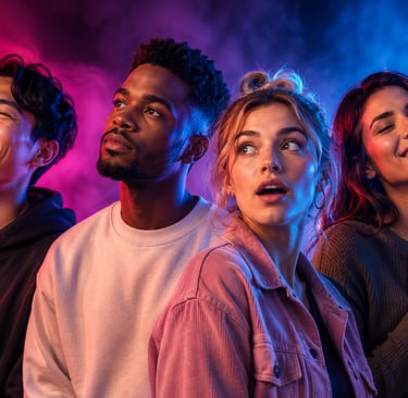 Diverse people expressing various emotions with colorful lighting - Emotion Idioms