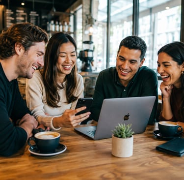 People talking and laughing in a cafe - English idioms