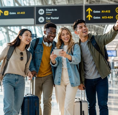 Diverse friends traveling with suitcases at the airport - Travel Idioms