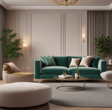A stylish living room with muted green cushions and minimalist decor.