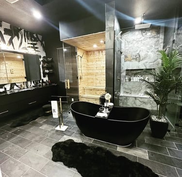 Modern bathroom with walk-in shower and marble tiles