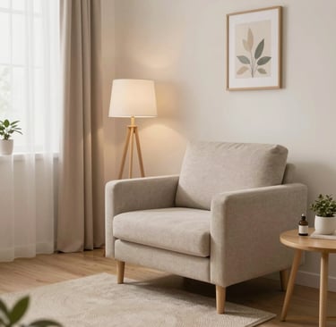 A serene therapy room bathed in soft purple and gold light, inviting calm and comfort.