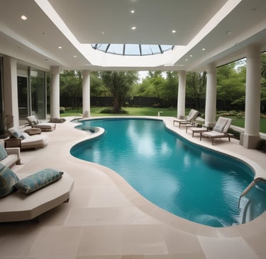 Luxury indoor-outdoor swimming pool with white lounge chairs and a modern skylight ceiling.