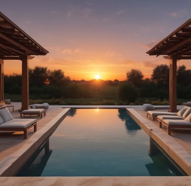 Luxury infinity pool at a modern resort with wooden lounge chairs during a golden sunset.