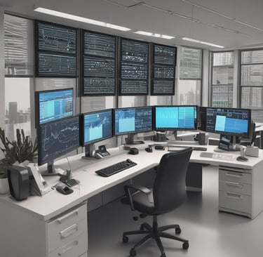 A sleek trading workstation with multiple monitors displaying algorithmic trading charts and data.