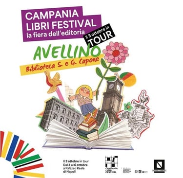 Poster for Campania Libri Festival in Avellino featuring a girl holding a flower atop a stack of books.