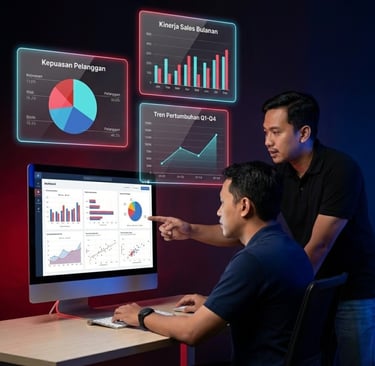 Business analysts reviewing interactive data dashboards and charts on a desktop monitor.