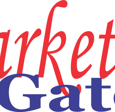 Marketing Gate business logo featuring red cursive script and bold blue serif typography.