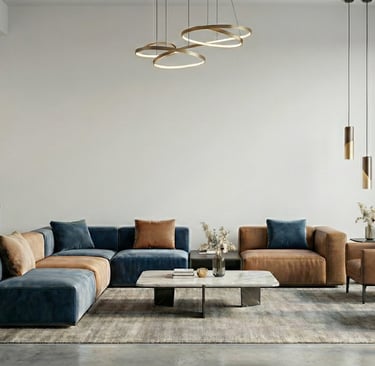 Steriler Aufenthaltsraum mit weißen Wänden und blauen/braunen Polstermöbeln vor der Umgestaltung.