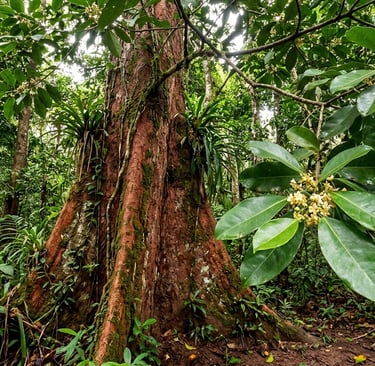 Árbol de chuchuhuasi en la Amazonía peruana, planta medicinal tradicional usada para aliviar dolores articulares.