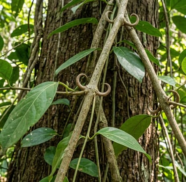 Detalle de las espinas en forma de garra de la uña de gato, planta usada en medicina tradicional peruana.”