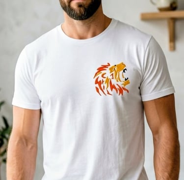 Bearded man wearing a white t-shirt featuring an orange embroidered lion head logo.